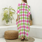 White Pink And Green Buffalo Plaid Print Silk V-Neck Kaftan Dress