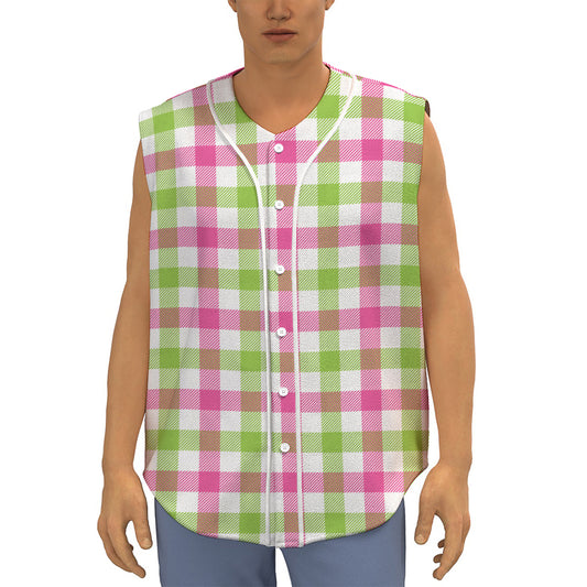 White Pink And Green Buffalo Plaid Print Sleeveless Baseball Jersey