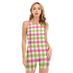 White Pink And Green Buffalo Plaid Print Sleeveless One Piece Swimsuit