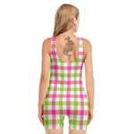 White Pink And Green Buffalo Plaid Print Sleeveless One Piece Swimsuit