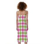 White Pink And Green Buffalo Plaid Print Slim Fit Midi Cami Dress