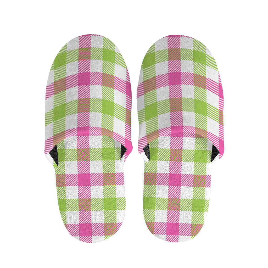 White Pink And Green Buffalo Plaid Print Slippers