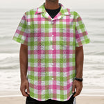 White Pink And Green Buffalo Plaid Print Textured Short Sleeve Shirt