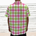 White Pink And Green Buffalo Plaid Print Textured Short Sleeve Shirt