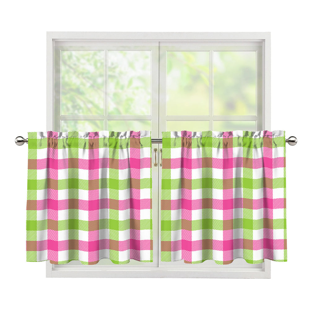 White Pink And Green Buffalo Plaid Print Tier Curtains