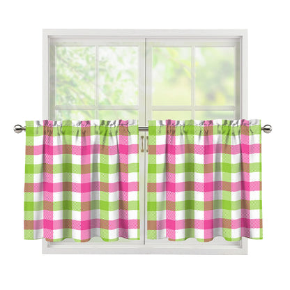 White Pink And Green Buffalo Plaid Print Tier Curtains