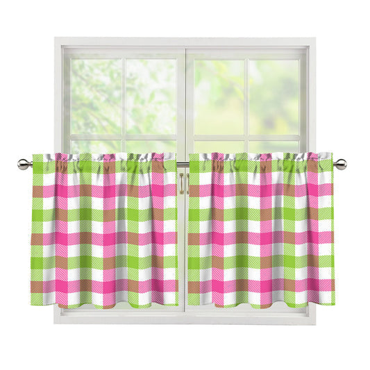 White Pink And Green Buffalo Plaid Print Tier Curtains