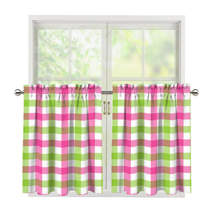 White Pink And Green Buffalo Plaid Print Tier Curtains