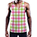 White Pink And Green Buffalo Plaid Print Men's Workout Tank Top