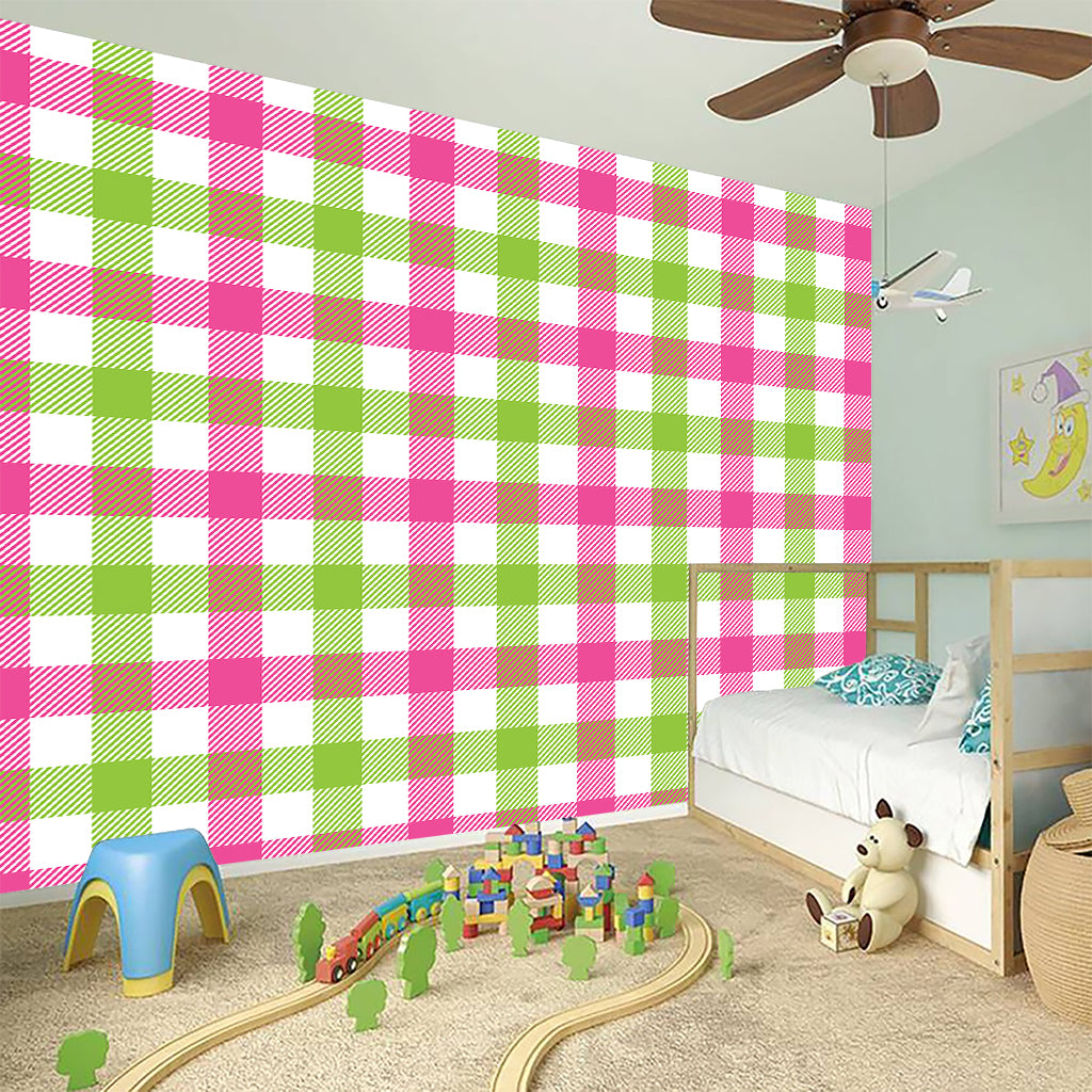 White Pink And Green Buffalo Plaid Print Wall Sticker