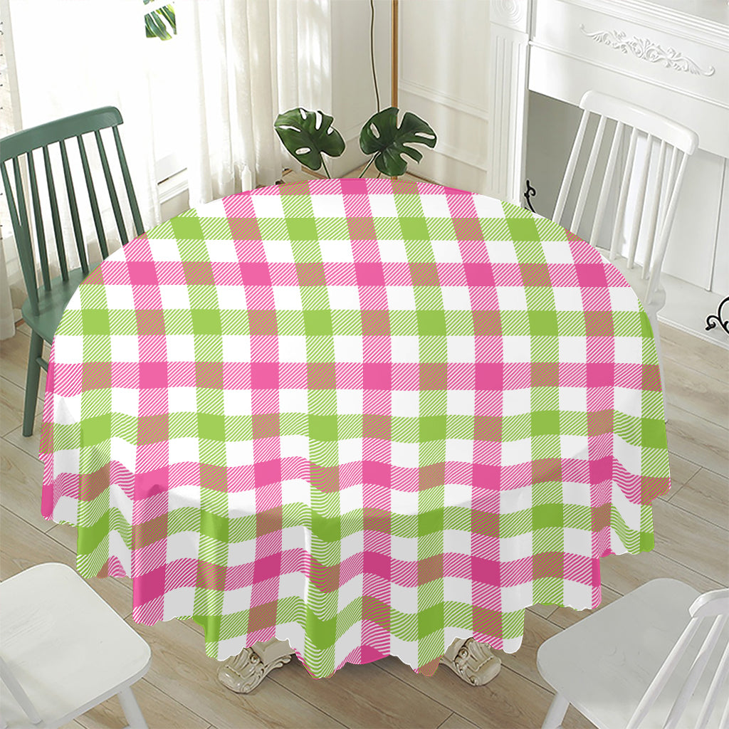 White Pink And Green Buffalo Plaid Print Waterproof Round Tablecloth