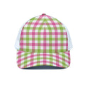 White Pink And Green Buffalo Plaid Print White Mesh Trucker Hat