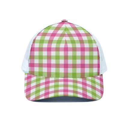 White Pink And Green Buffalo Plaid Print White Mesh Trucker Cap