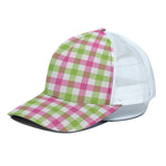 White Pink And Green Buffalo Plaid Print White Mesh Trucker Cap