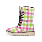 White Pink And Green Buffalo Plaid Print Winter Boots
