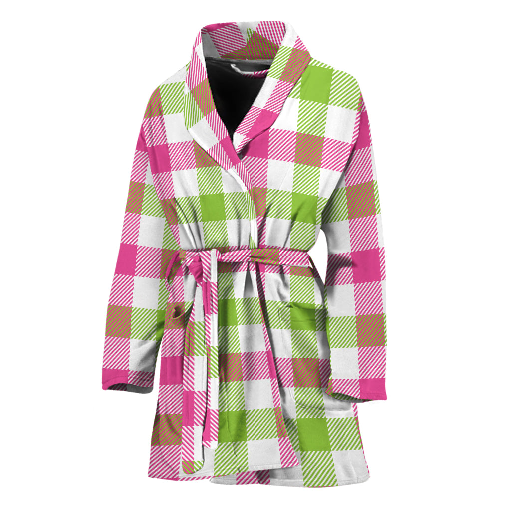 White Pink And Green Buffalo Plaid Print Women's Bathrobe