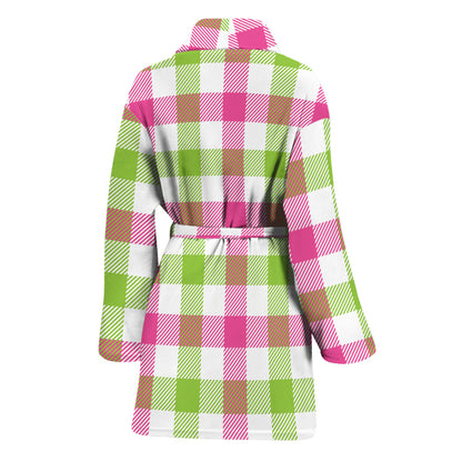 White Pink And Green Buffalo Plaid Print Women's Bathrobe