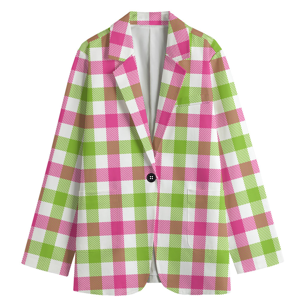 White Pink And Green Buffalo Plaid Print Women's Blazer