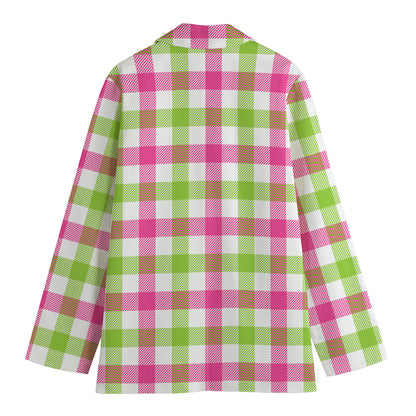White Pink And Green Buffalo Plaid Print Women's Blazer