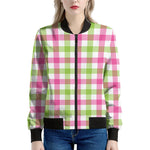 White Pink And Green Buffalo Plaid Print Women's Bomber Jacket