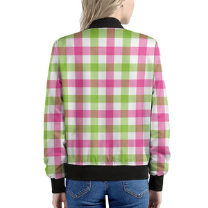 White Pink And Green Buffalo Plaid Print Women's Bomber Jacket