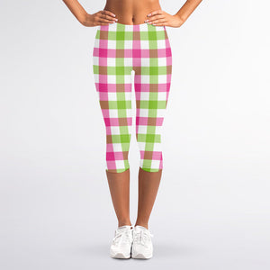 White Pink And Green Buffalo Plaid Print Women's Capri Leggings