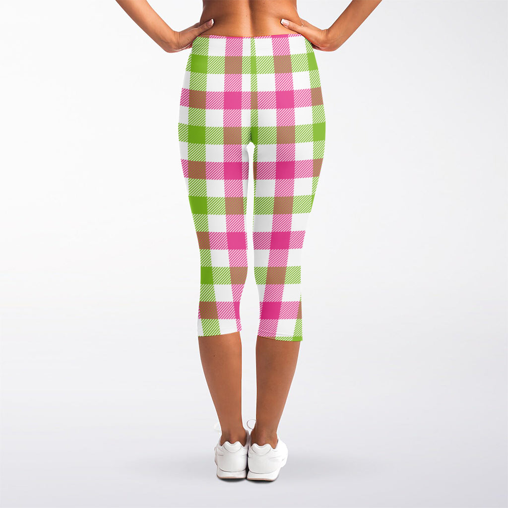 White Pink And Green Buffalo Plaid Print Women's Capri Leggings