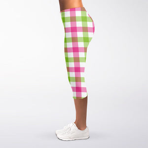 White Pink And Green Buffalo Plaid Print Women's Capri Leggings