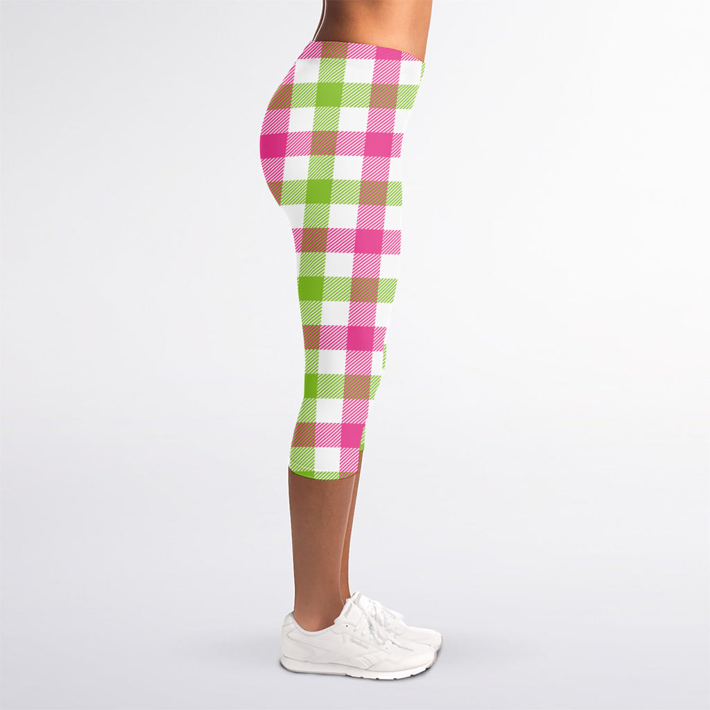 White Pink And Green Buffalo Plaid Print Women's Capri Leggings