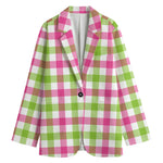 White Pink And Green Buffalo Plaid Print Women's Cotton Blazer