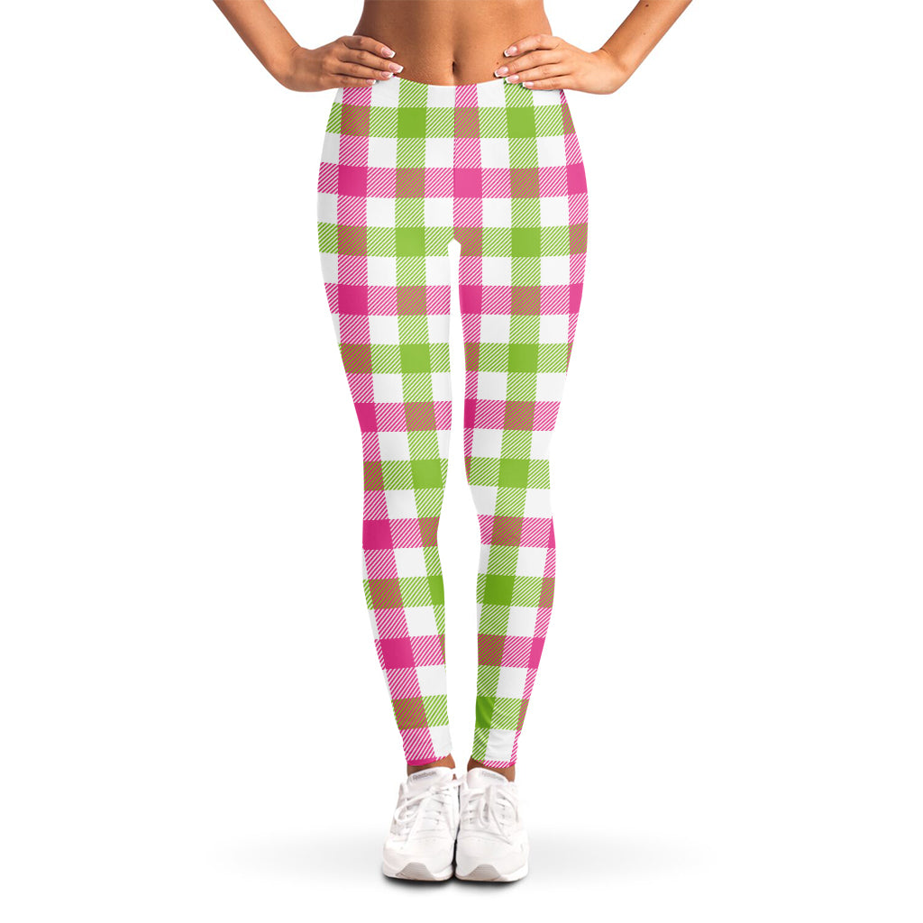 White Pink And Green Buffalo Plaid Print Women's Leggings