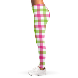 White Pink And Green Buffalo Plaid Print Women's Leggings