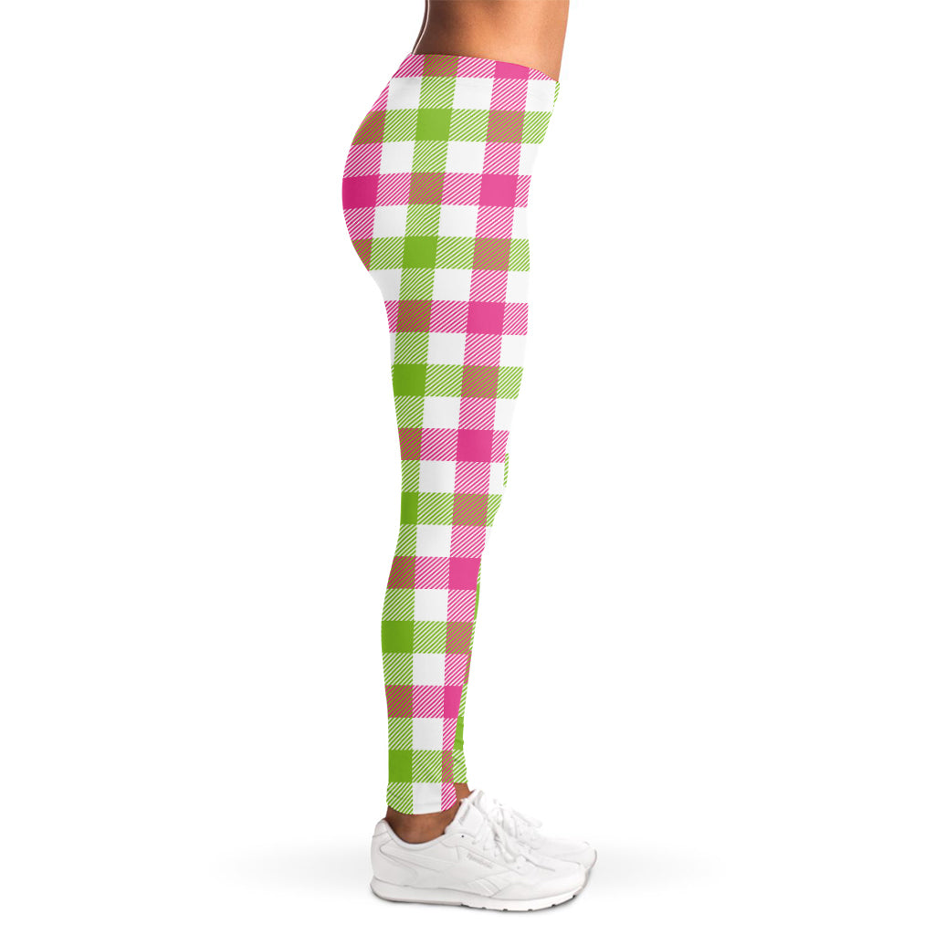 White Pink And Green Buffalo Plaid Print Women's Leggings