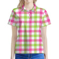 White Pink And Green Buffalo Plaid Print Women's Polo Shirt