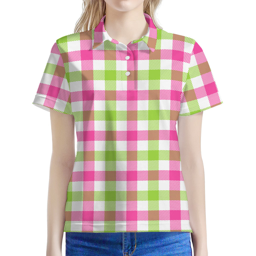 White Pink And Green Buffalo Plaid Print Women's Polo Shirt