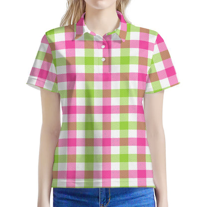 White Pink And Green Buffalo Plaid Print Women's Polo Shirt