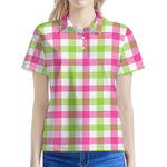 White Pink And Green Buffalo Plaid Print Women's Polo Shirt