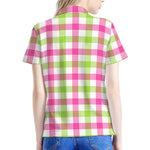 White Pink And Green Buffalo Plaid Print Women's Polo Shirt