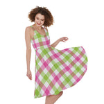White Pink And Green Buffalo Plaid Print Women's Sleeveless Dress