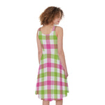 White Pink And Green Buffalo Plaid Print Women's Sleeveless Dress