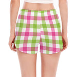 White Pink And Green Buffalo Plaid Print Women's Split Running Shorts