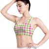 White Pink And Green Buffalo Plaid Print Women's Sports Bra