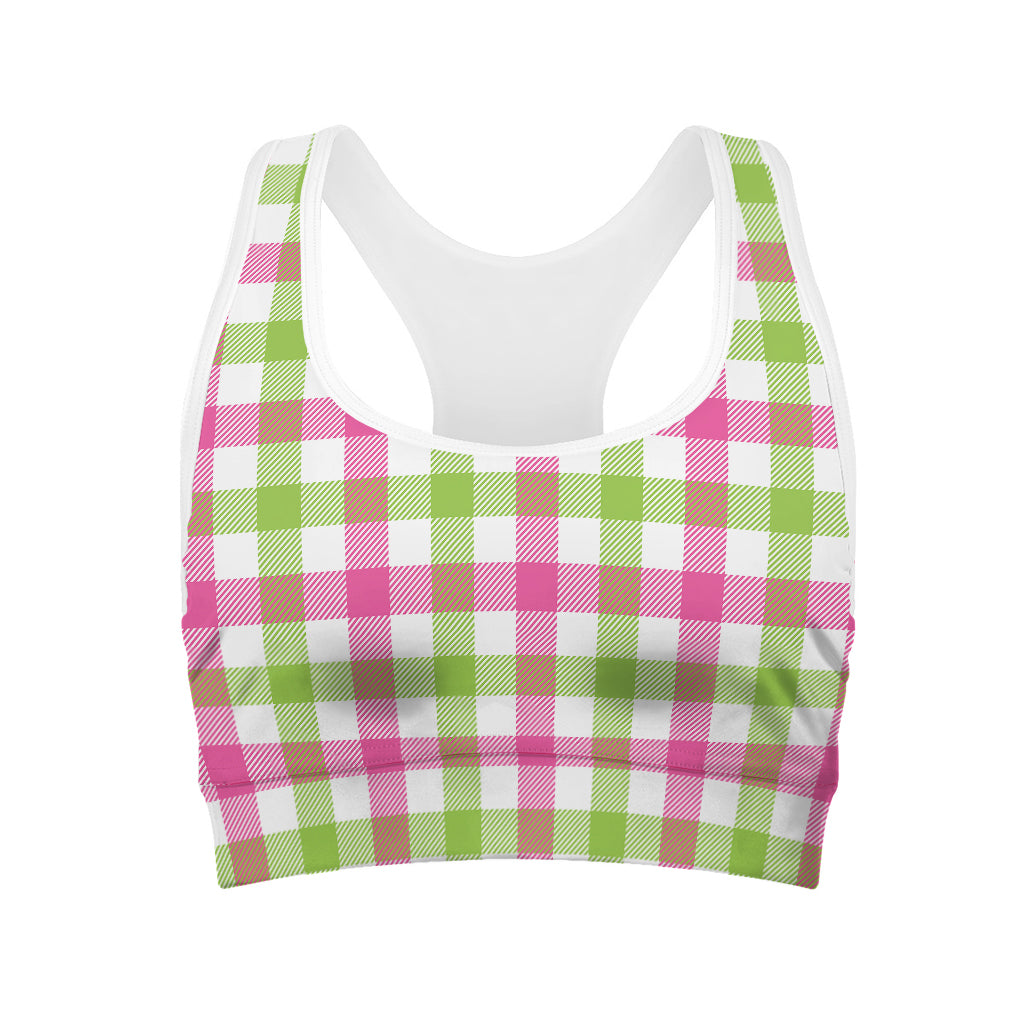 White Pink And Green Buffalo Plaid Print Women's Sports Bra