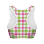 White Pink And Green Buffalo Plaid Print Women's Sports Bra