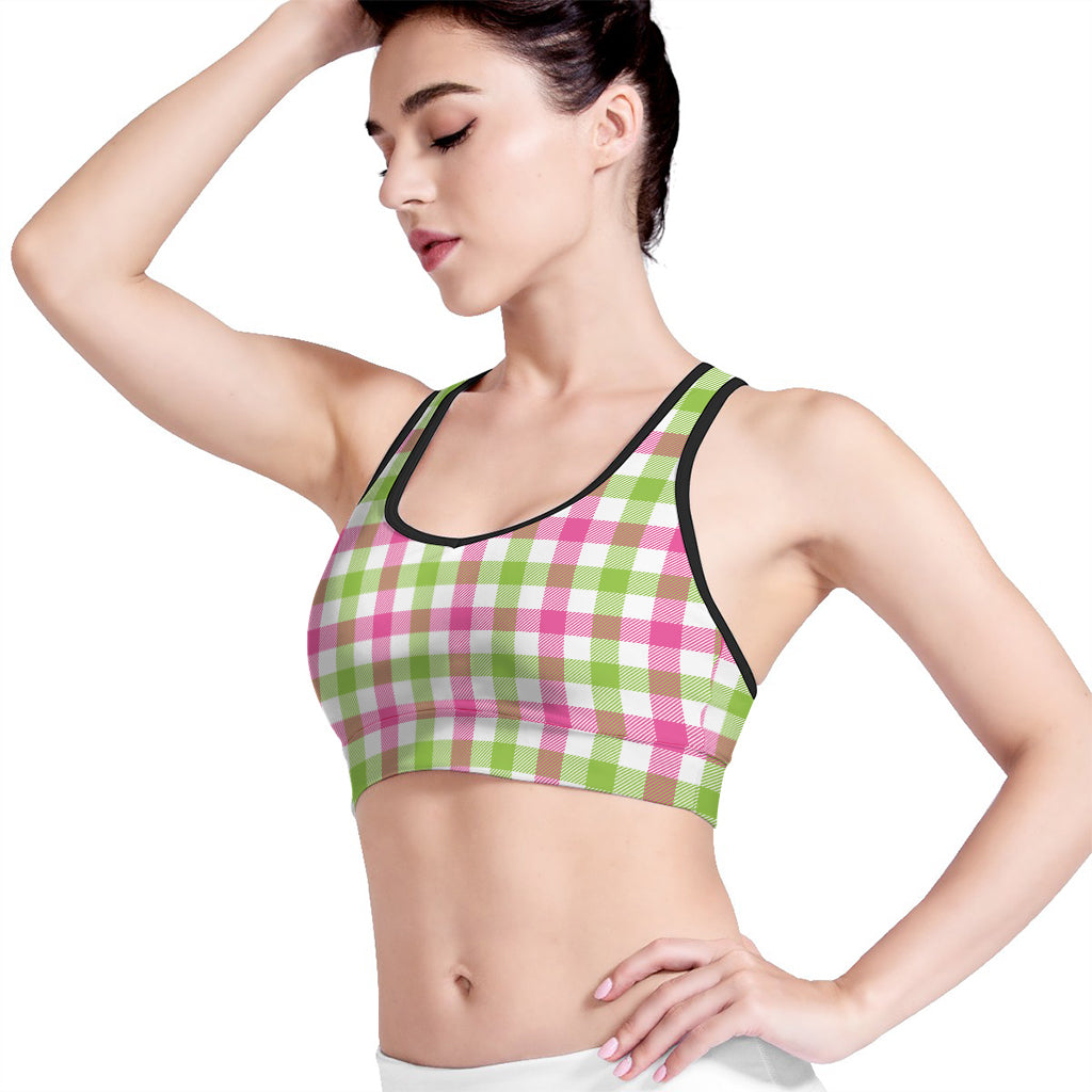 White Pink And Green Buffalo Plaid Print Women's Sports Bra