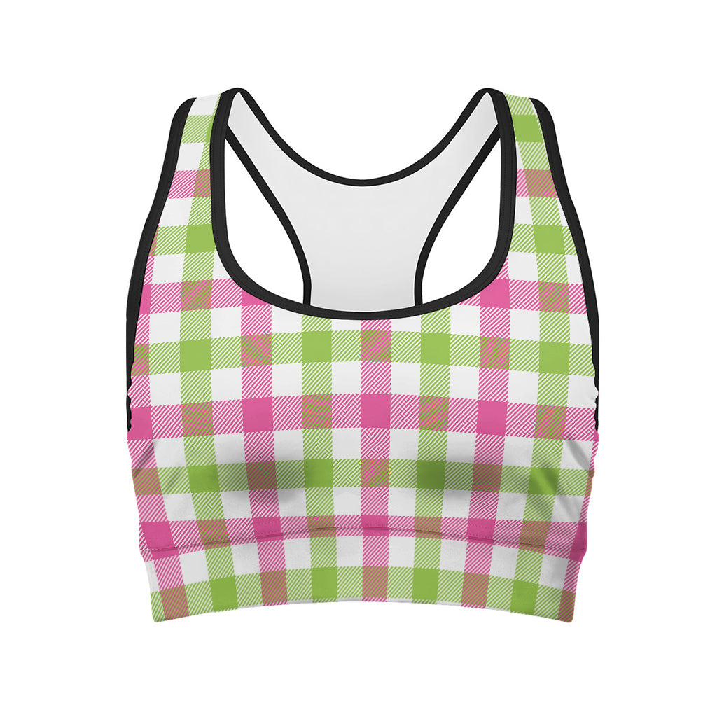 White Pink And Green Buffalo Plaid Print Women's Sports Bra