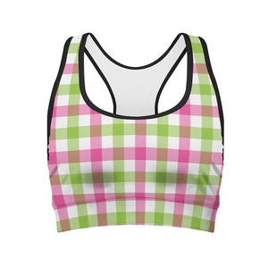 White Pink And Green Buffalo Plaid Print Women's Sports Bra