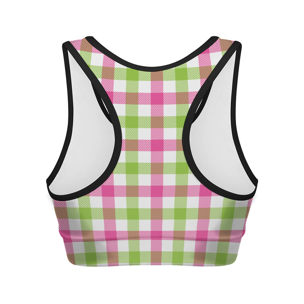 White Pink And Green Buffalo Plaid Print Women's Sports Bra