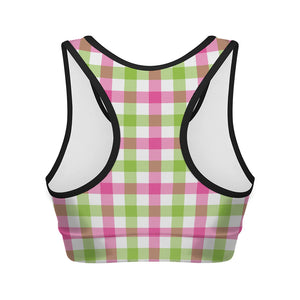 White Pink And Green Buffalo Plaid Print Women's Sports Bra