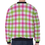 White Pink And Green Buffalo Plaid Print Zip Sleeve Bomber Jacket
